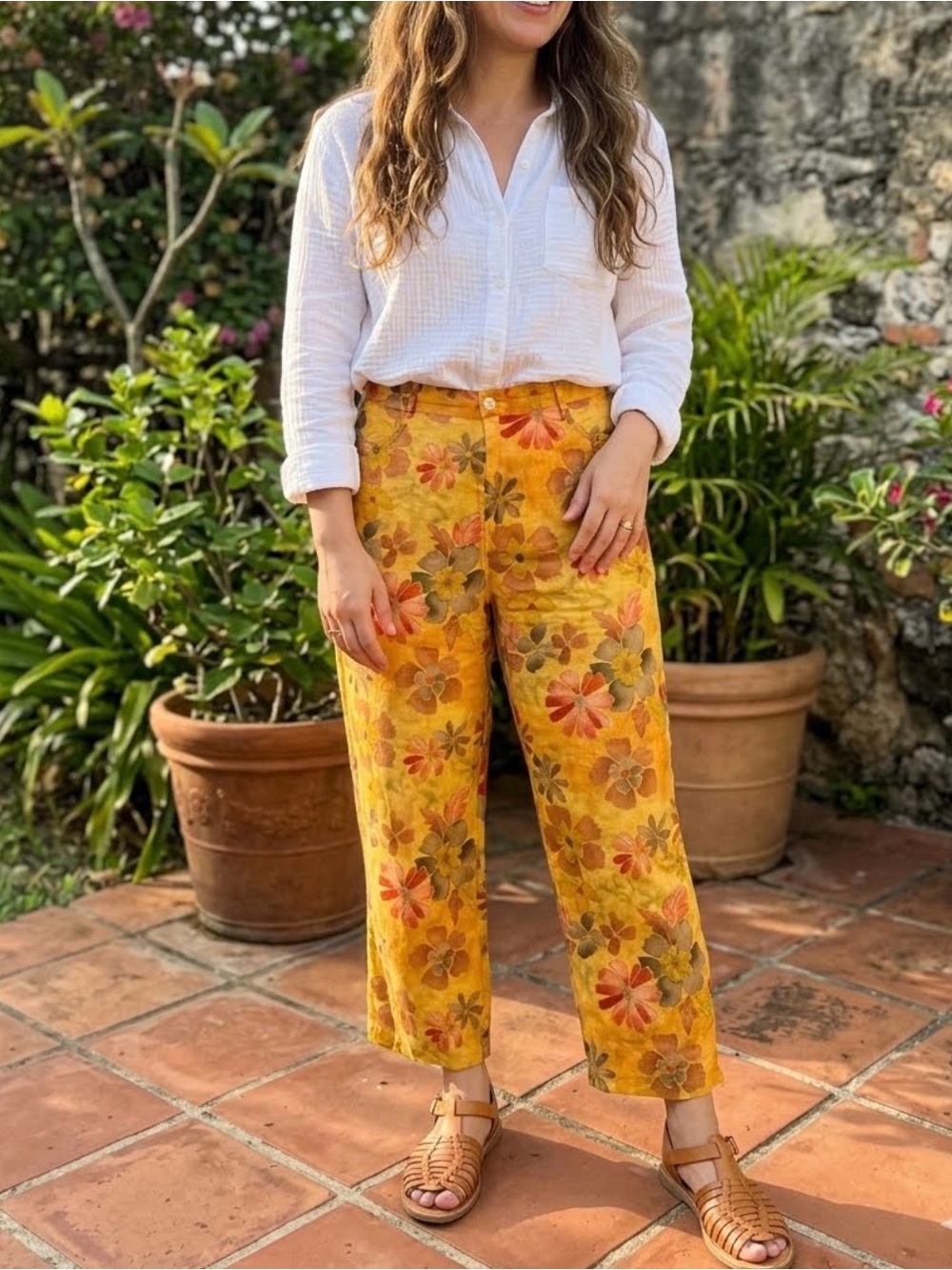 Vintage Chico’s Design Floral Linen Blend Crop Pants Mustard Yellow Sz 2 (L) 497